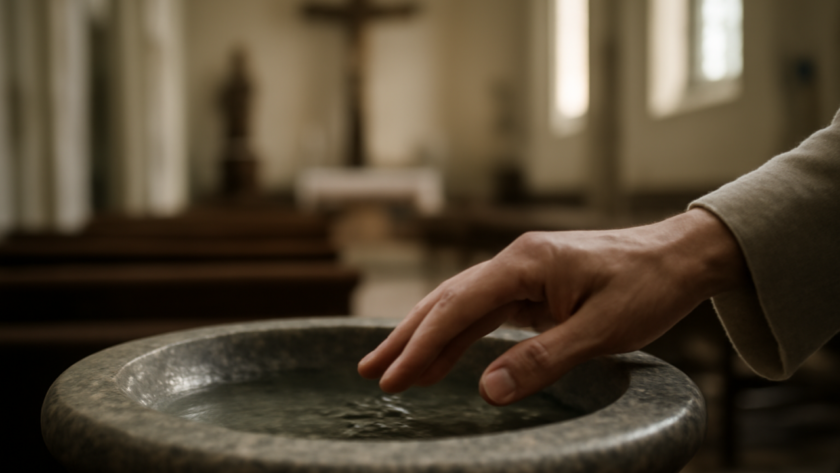 Mão de um fiel junto a uma pia de água benta em igreja católica.