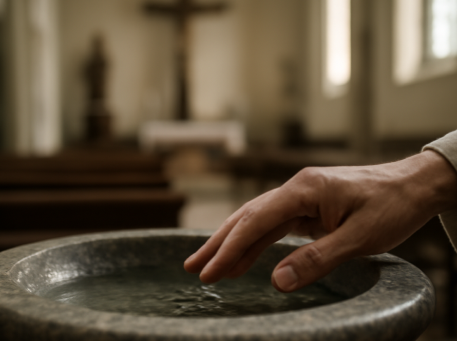 Mão de um fiel junto a uma pia de água benta em igreja católica.