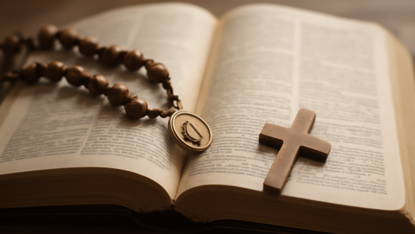 Medalha religiosa sobre uma Bíblia aberta e um terço, em contexto de devoção católica.
