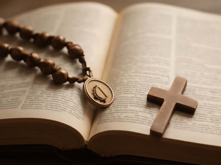 Medalha religiosa sobre uma Bíblia aberta e um terço, em contexto de devoção católica.