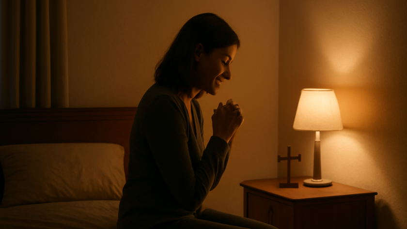 Pessoa em oração antes de dormir, sentada ao lado da cama sob luz suave.