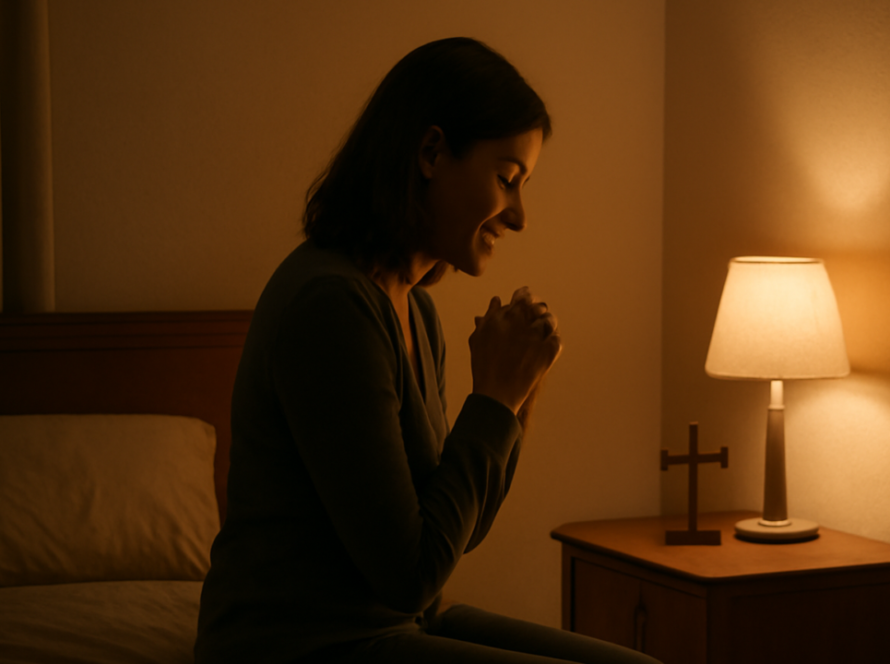 Pessoa em oração antes de dormir, sentada ao lado da cama sob luz suave.