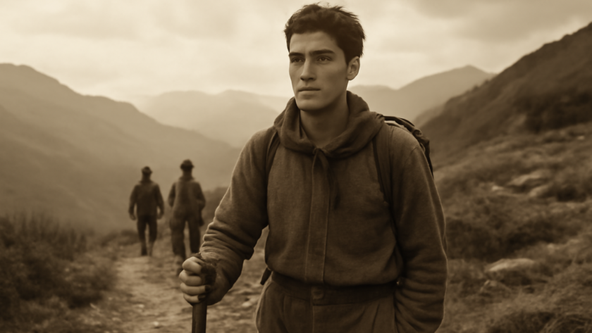 Representação editorial de Pier Giorgio Frassati em uma trilha nas montanhas.