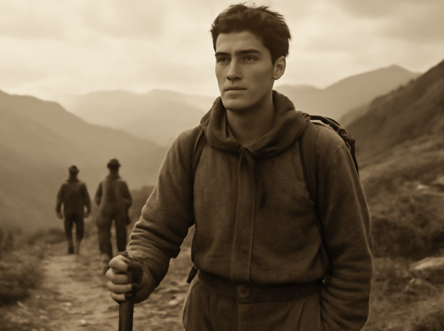 Representação editorial de Pier Giorgio Frassati em uma trilha nas montanhas.