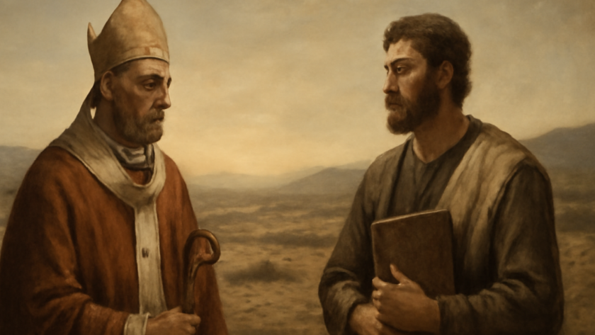 Representação simbólica de Ponciano e Hipólito, dois líderes cristãos associados ao exílio e à memória dos mártires.