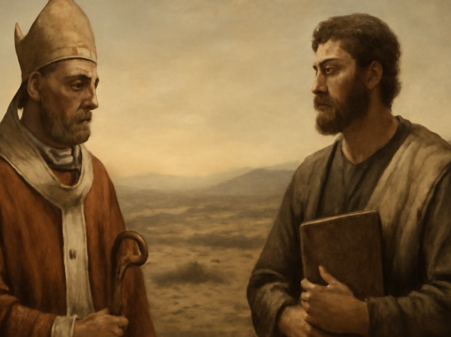 Representação simbólica de Ponciano e Hipólito, dois líderes cristãos associados ao exílio e à memória dos mártires.