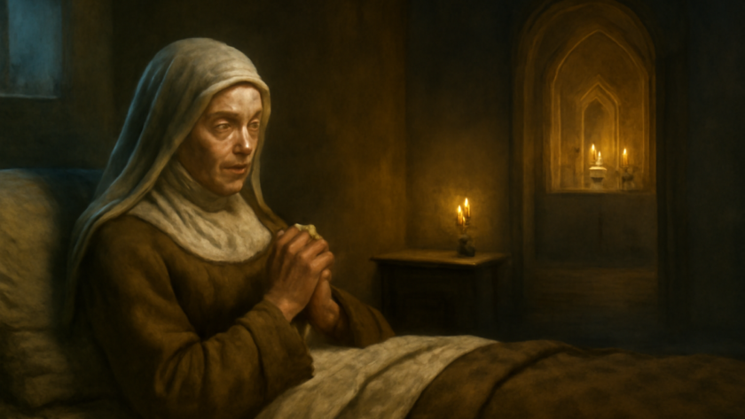 Ilustração de Santa Clara de Assis em oração durante uma enfermidade, inspirada na tradição que deu origem ao título de padroeira da televisão.