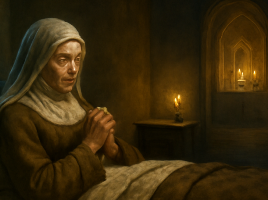 Ilustração de Santa Clara de Assis em oração durante uma enfermidade, inspirada na tradição que deu origem ao título de padroeira da televisão.