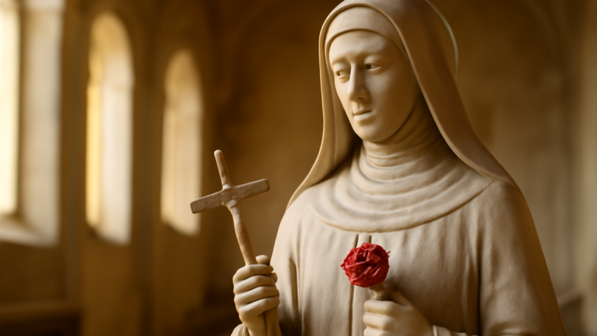 Estátua de Santa Rita de Cássia com crucifixo e rosa, símbolos de sua devoção.