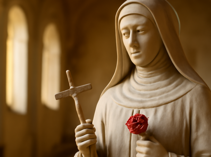 Estátua de Santa Rita de Cássia com crucifixo e rosa, símbolos de sua devoção.