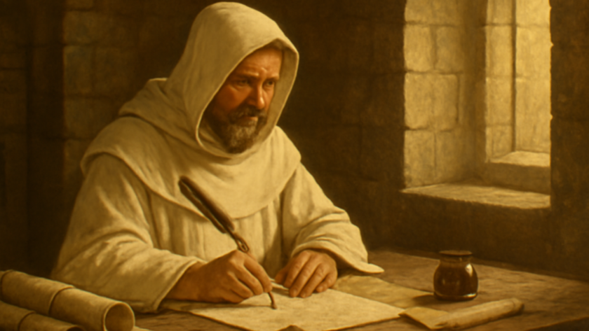 Representação de São Bernardo de Claraval escrevendo em um scriptorium, com um pequeno pote de mel que simboliza o título Doutor Melífluo.