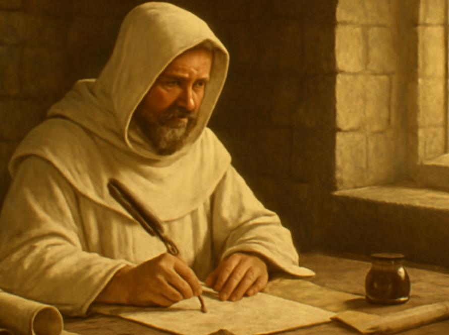 Representação de São Bernardo de Claraval escrevendo em um scriptorium, com um pequeno pote de mel que simboliza o título Doutor Melífluo.