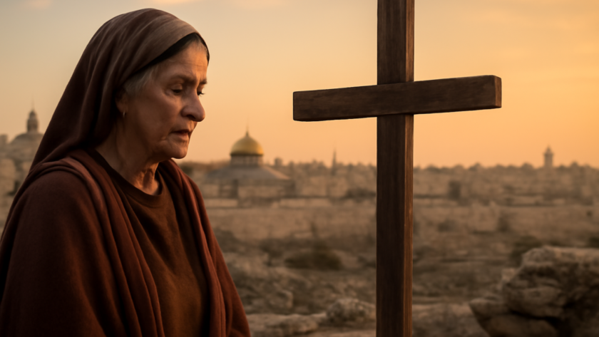 Representação artística de Santa Helena contemplando uma cruz diante de antigas construções de Jerusalém, em referência à tradição da Verdadeira Cruz.