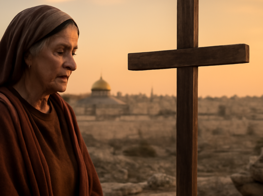 Representação artística de Santa Helena contemplando uma cruz diante de antigas construções de Jerusalém, em referência à tradição da Verdadeira Cruz.
