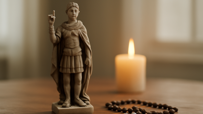 Estátua de Santo Expedito com vela acesa em ambiente de oração.