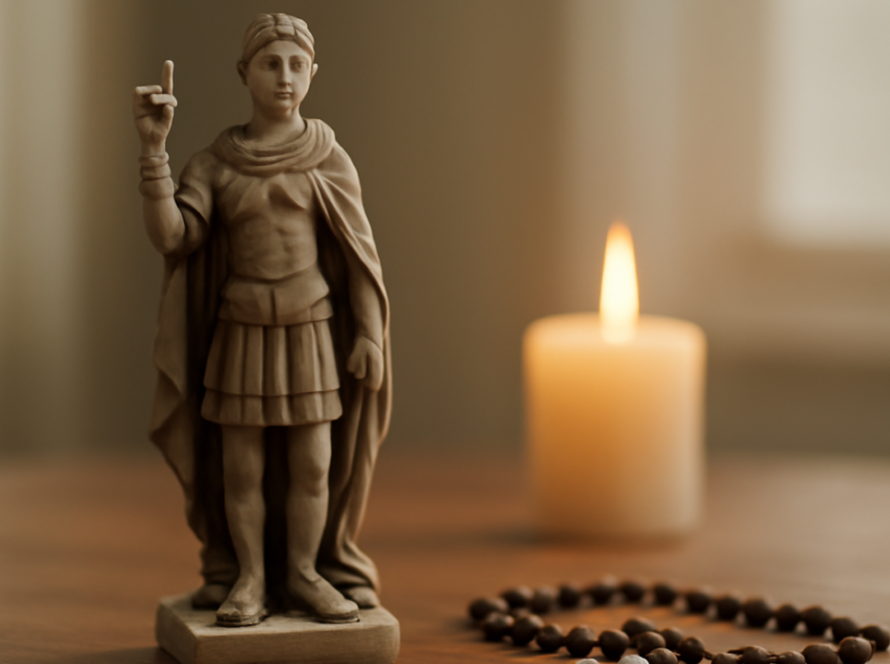 Estátua de Santo Expedito com vela acesa em ambiente de oração.