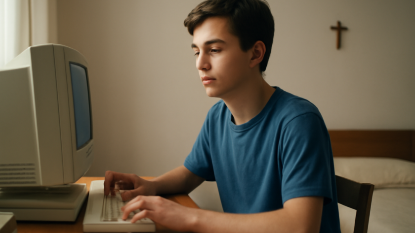 Representação editorial de um adolescente usando um computador em um quarto simples, inspirada na trajetória de São Carlo Acutis.