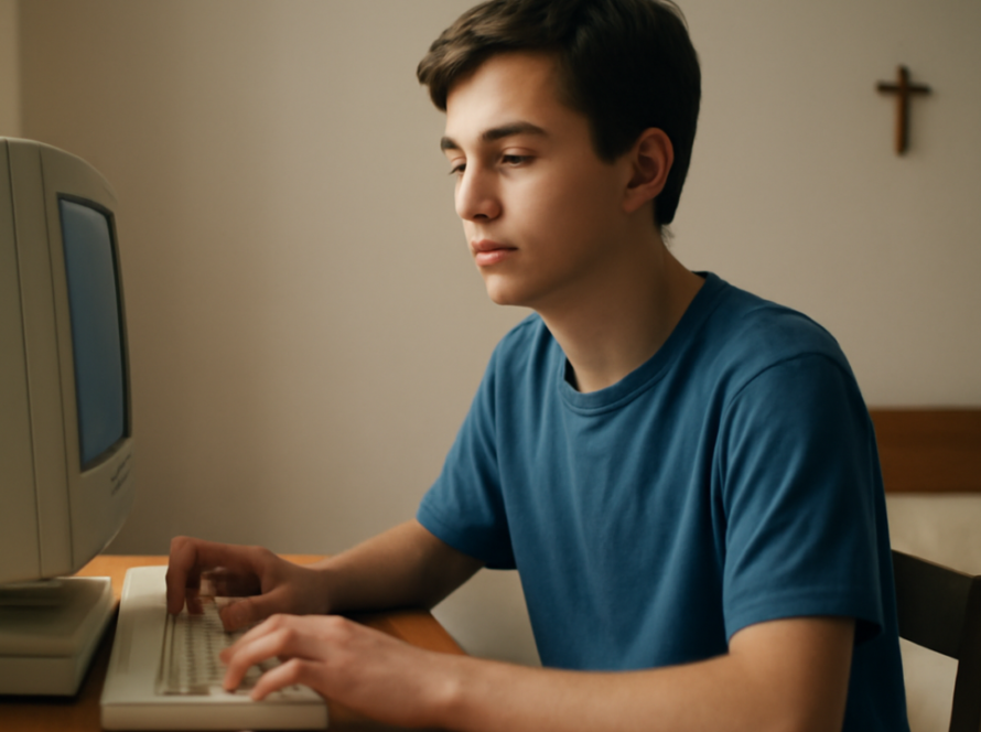 Representação editorial de um adolescente usando um computador em um quarto simples, inspirada na trajetória de São Carlo Acutis.