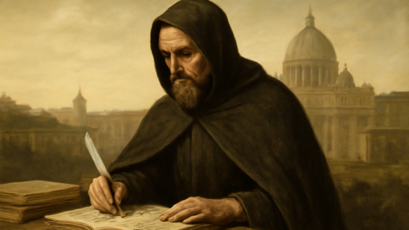 Ilustração de São Gregório Magno escrevendo diante de manuscritos na Roma do século VI.