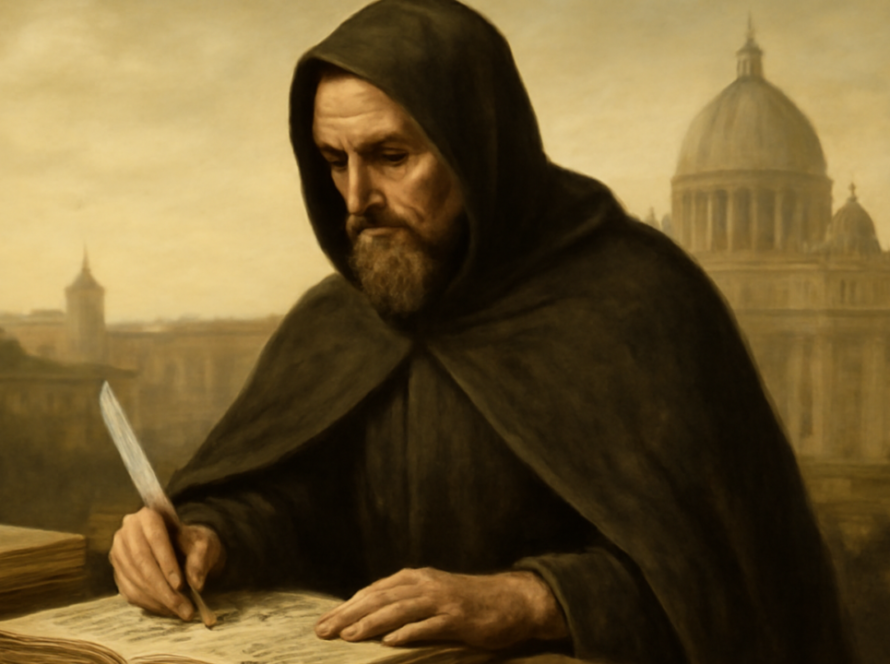 Ilustração de São Gregório Magno escrevendo diante de manuscritos na Roma do século VI.
