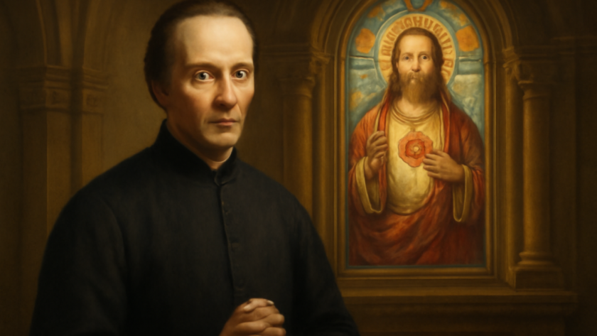 Representação artística de São João Eudes, sacerdote francês do século XVII, diante de um vitral do Sagrado Coração de Jesus.
