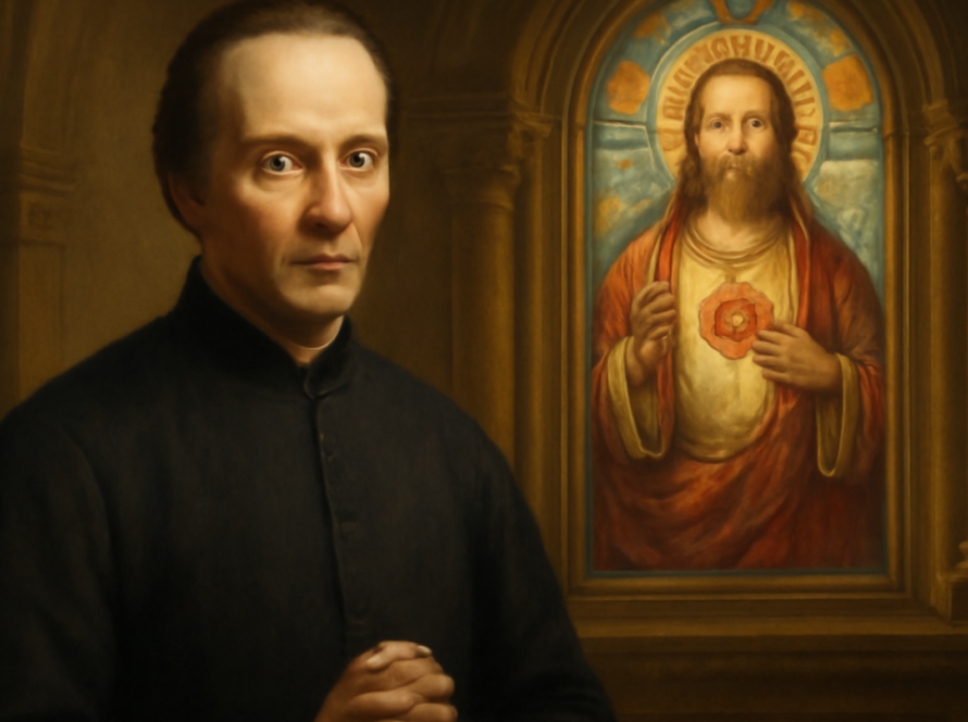 Representação artística de São João Eudes, sacerdote francês do século XVII, diante de um vitral do Sagrado Coração de Jesus.