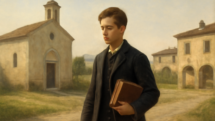 Representação de Giuseppe Sarto jovem, futuro São Pio X, em uma vila do Vêneto no século XIX.