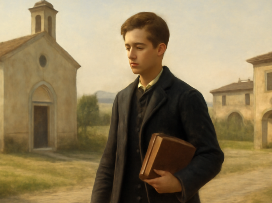 Representação de Giuseppe Sarto jovem, futuro São Pio X, em uma vila do Vêneto no século XIX.